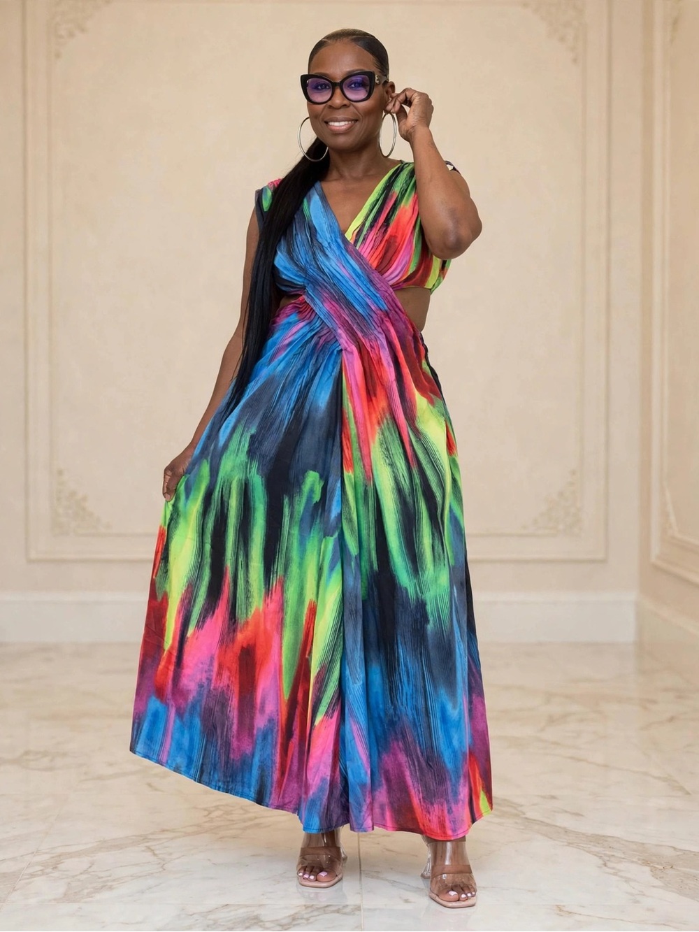 Multicolor Brushstroke Maxi Dress with Twist Front